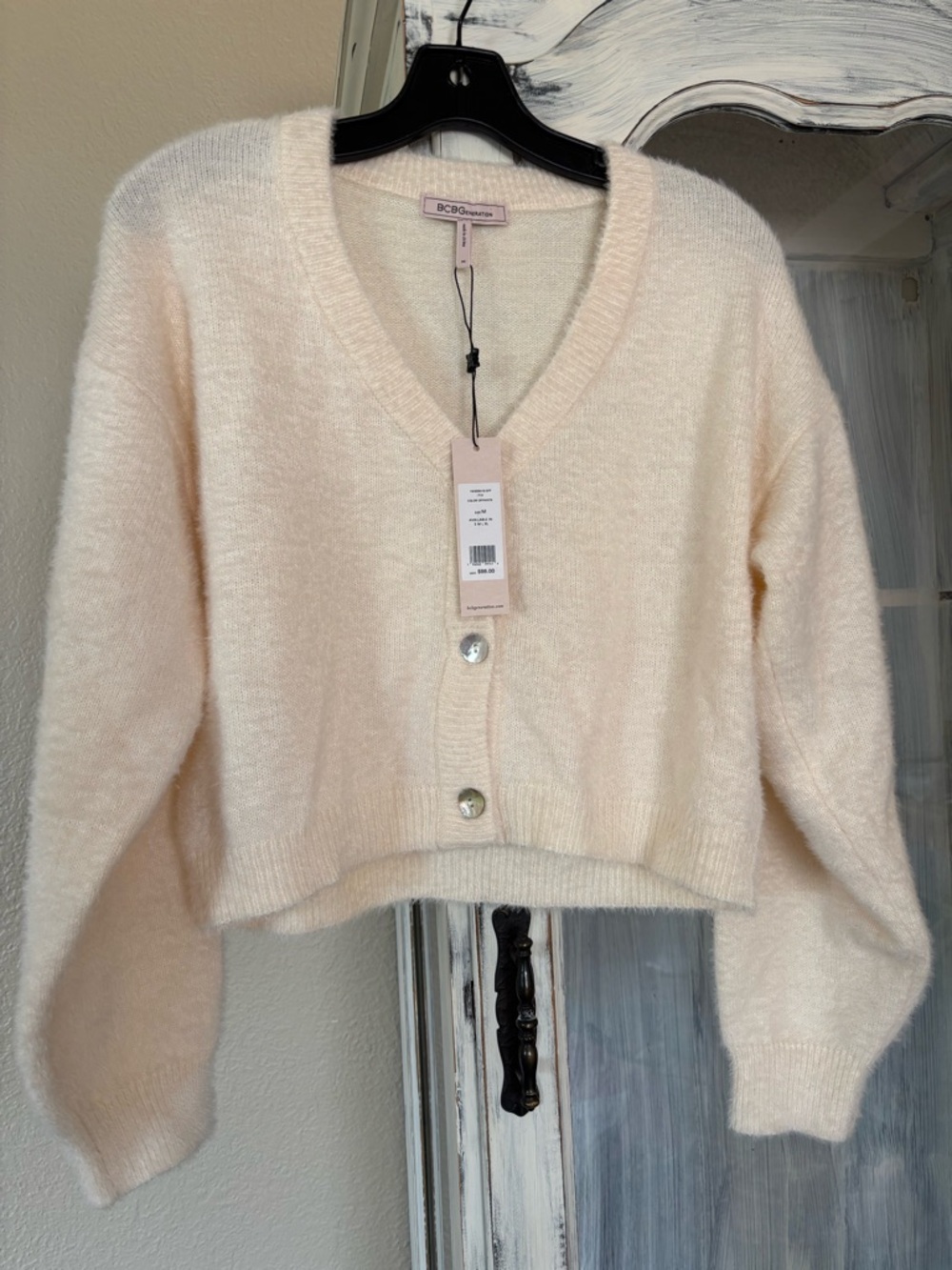 BCBGeneration Cream Cropped V-Neck Button Cardigan